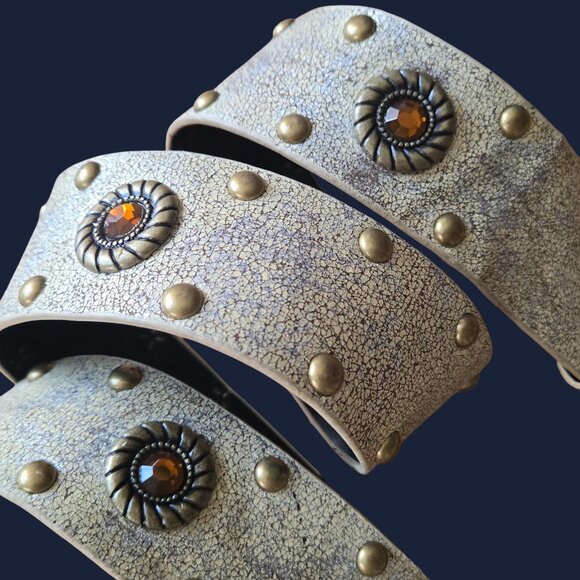 Vintage Boho Studded Hip Belt Round Disc Buckle Size XXL Beige Bronze Rhinestone - Picture 5 of 9